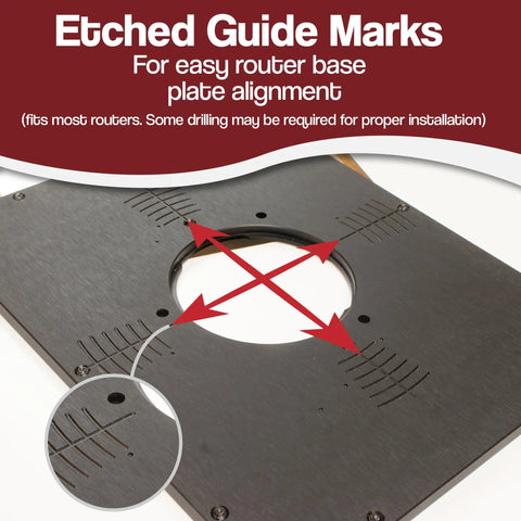 Etched guide marks on precision router plate for easy alignment, part of Heavy Duty Router Table Builds Killer Stability With Deluxe Fence Kit.
