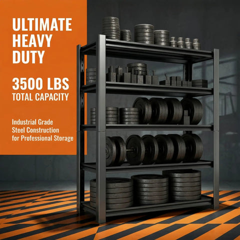 Heavy Duty 3500 Lb 5 Tier Garage Shelving Unit With Adjustable Shelves For Garage Basement Warehouse And Pantry 48 W x 20 D x 74 H Black Steel Storage Racks Built Like A Tank, loaded with weight plates