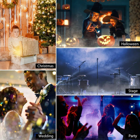 Collage of events: Christmas gift unwrapping, Halloween witch costumes, wedding dancing, stage setup, and vibrant party scene.