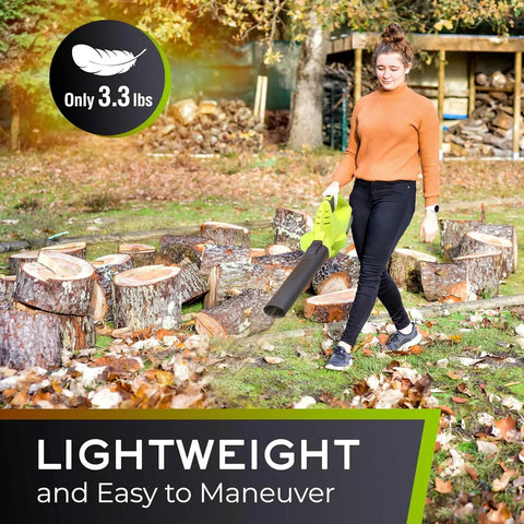 Woman using UltraStorm Cordless Leaf Blower With Dual 20V Batteries for 2X Runtime, 140 MPH Brushless Motor, Lightweight 3.3 Lbs