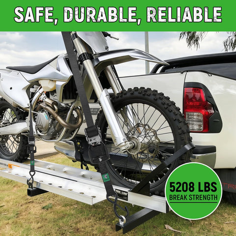Motorcycle secured with Beefy Four Pack Heavy Duty Ratchet Straps 1.5 Inch By 15 Foot Tie Downs With 5,208 Pounds Break Strength