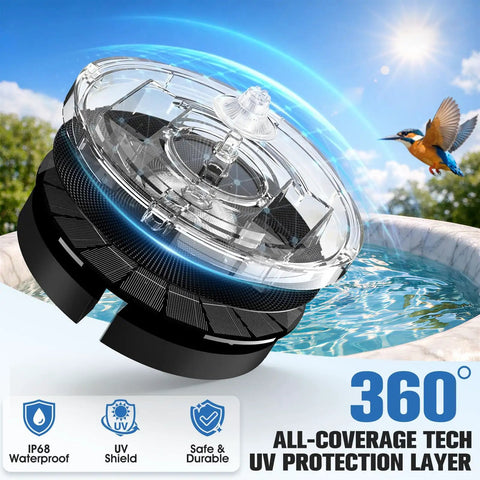 Powerful Solar Bird Bath Fountain Pump With 4000mAh Battery, Three Spray Modes And Lights for outdoor bird bath in black.