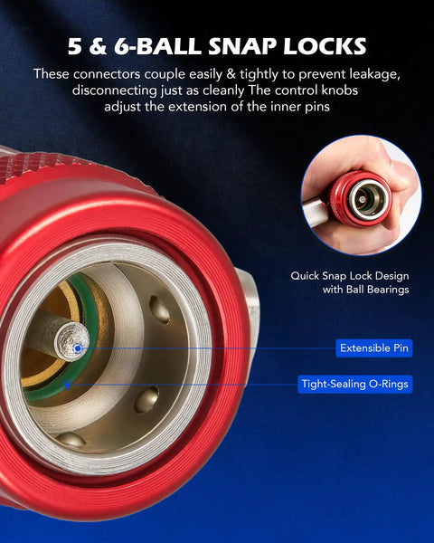 R1234yf Quick Coupler Adapters Set For Automotive Air Conditioning High And Low Pressure Connectors 5 And 6 Ball Quick Couplers close-up red coupler with O-rings