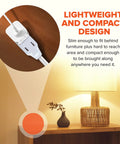 Two Prong Indoor Extension Cord With Three Polarized Outlets And Protective Plug Cover ETL Certified 16 Gauge 125 Volt Six Foot Long White Pack Of Three showing compact design behind furniture.