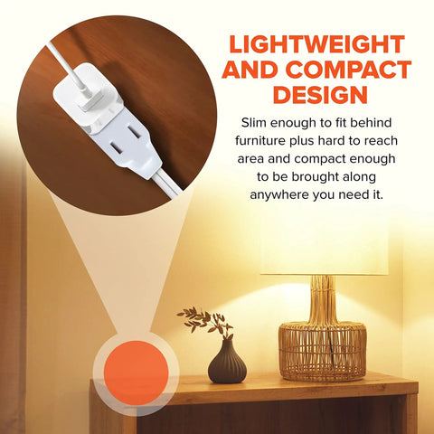 Two Prong Indoor Extension Cord With Three Polarized Outlets And Protective Plug Cover ETL Certified 16 Gauge 125 Volt Six Foot Long White Pack Of Three showing compact design behind furniture.