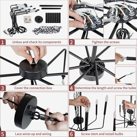 Instruction guide for assembling Six Light Black Farmhouse Chandelier With Candlestick Arms For Dining Room, Living Room, Foyer And Kitchen.