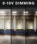Beefy 45W LED Canopy Light demonstrating 0-10V dimmable feature on garage doors, 9.6 x 9.6 inch white housing