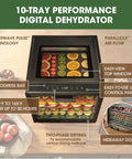 Keep It Fresh With This Top Shelf Electric Food Dehydrator Boasting Ten Rustproof Stainless Steel Trays Precise Heat Control At Your Fingertips Plus A Clear Glass Door Led Progress Tracker For Snacks Jerky And Fruit showing digital control panel and drying trays.