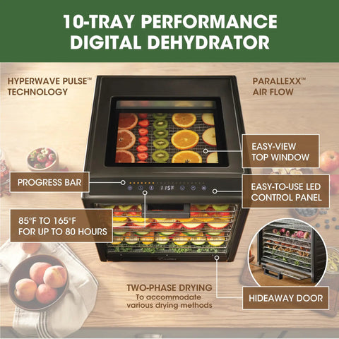 Keep It Fresh With This Top Shelf Electric Food Dehydrator Boasting Ten Rustproof Stainless Steel Trays Precise Heat Control At Your Fingertips Plus A Clear Glass Door Led Progress Tracker For Snacks Jerky And Fruit showing digital control panel and drying trays.