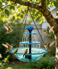 Three Tier Solar Powered Hanging Bird Bath Fountain with cascading water flow, attracting hummingbirds, 16.4 foot cord, outdoor use.