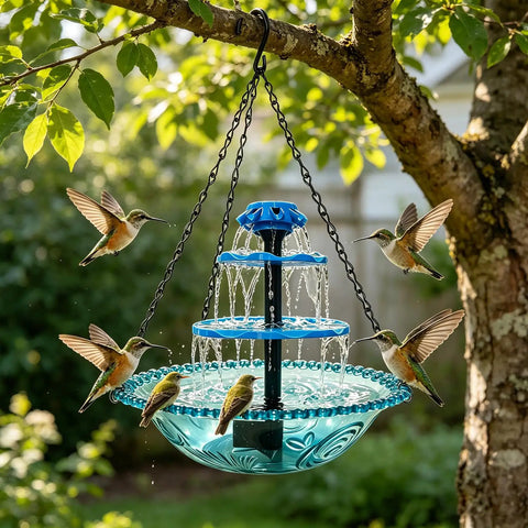 Three Tier Solar Powered Hanging Bird Bath Fountain with cascading water flow, attracting hummingbirds, 16.4 foot cord, outdoor use.