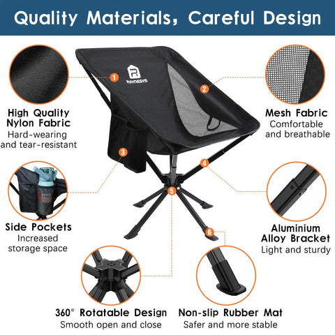 Lightweight Portable Folding Camping Chair With 360 Degree Rotation, 8 Second Quick Setup, Easy Carry, 3.8 Lb Ultra Lightweight Seat