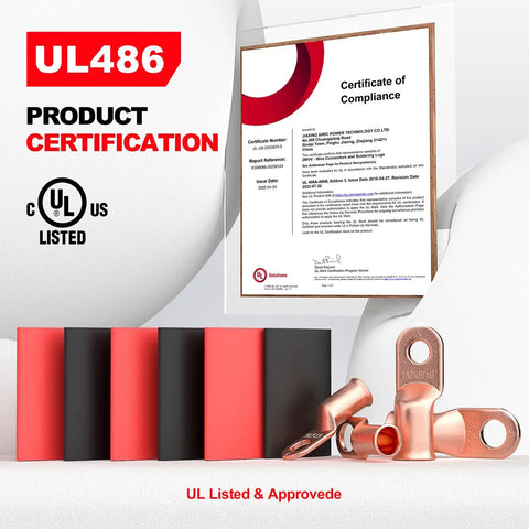 UL486 certified 10 Pack One Zero AWG Battery Cable Lugs With Three Eighths Inch Stud Ring Terminals Copper Ends and Heat Shrink