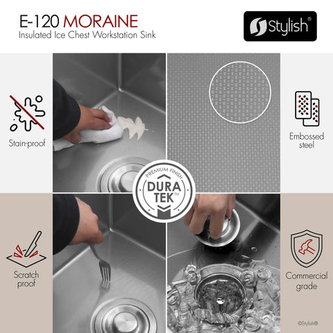 Badass Hella Insulated Workstation Sink For Outdoor Kitchen Bar Station With Deep Stainless Bowl Includes Heavy Duty Lid Commercial Grade Strainer And Cutting Board Built Sick, showing embossed steel and stain-proof features.