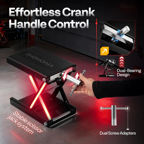 Heavy Duty Steel Motorcycle Lift Jack With Broad Scissor Hoist Stand Elevates Up To 1100 Lbs Smoothly Rises From 3.5 To 14.5 Inches For Rock Solid Garage Work Dead Simple Oil Changes And No Sweat Tune Ups On Any Ride