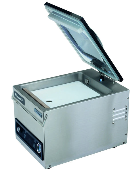 PrimaVac 254 Chamber Vacuum Sealer with 10 Inch Seal Bar, JetAire Pump, and 10 Programs, stainless steel, open lid