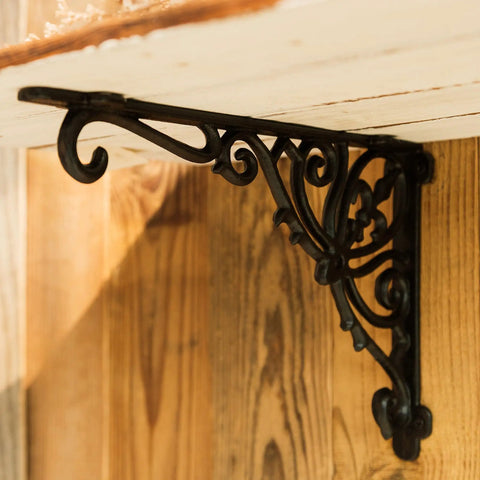 Heavy Duty Wrought Iron Shelf Brackets Two Pack Antique Black Corbels Built Tough For Your Home Rig With Included Wall Hardware showcasing detailed design.
