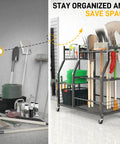 Heavy Duty Garden Tool Organizer With Lockable Wheels, Yard Tool Storage Rack showing organized tools compared to clutter