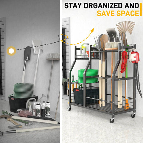 Heavy Duty Garden Tool Organizer With Lockable Wheels, Yard Tool Storage Rack showing organized tools compared to clutter