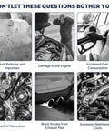 Diagram showing effects of poor engine air filter: dust particles, engine damage, fuel consumption, motivation loss, black smoke, maintenance costs.