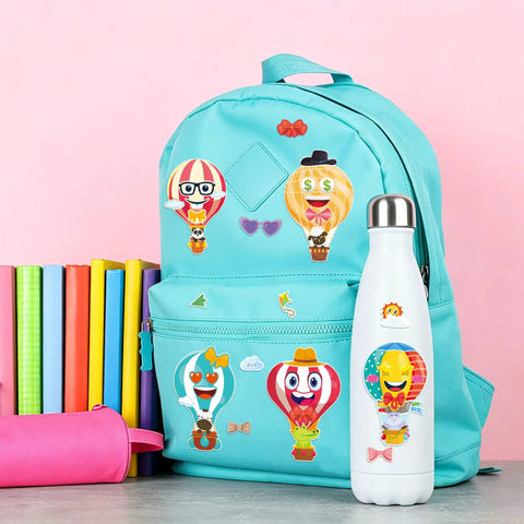 24 Sheets Hot Air Balloon Make A Face Stickers Set on backpack and bottle, featuring animals, sunglasses, and rainbows for DIY crafts.