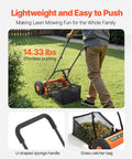 Person pushing Manual Push Reel Lawn Mower With 14 Inch Cutting Width And Five Blades For Precise Trim, grass catcher attached