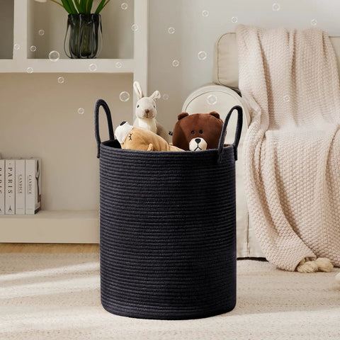 Dope Eco Friendly Tall Rope Laundry Hamper Made From Natural Cotton Rope 72L Large Laundry Basket in living room with toys