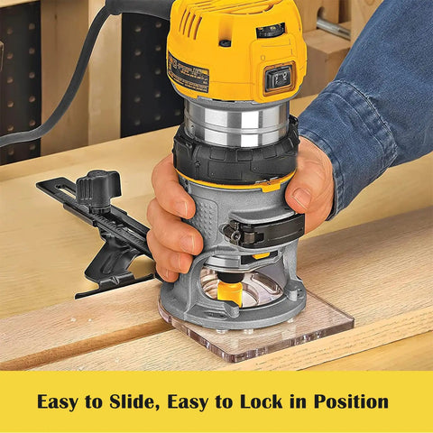 Edge Guide for Fixed Base Compact Router DNP618 in use on wood, showing easy setup and precise straight cuts with all iron construction.