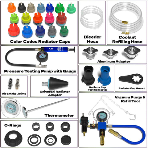 31 Piece Coolant Pressure Tester Kit With Radiator Adapters And Vacuum Refill Tool For Automotive Cooling System Leak Detection And Easy Refilling On The Go, assorted parts
