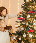 Three Pack Totally Vintage Red Truck Christmas Ornaments With Mini Christmas Trees on decorated tree with family