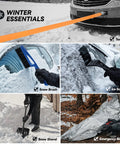 Winter car emergency kit collage with snow brush, ice scraper, snow shovel, and emergency blanket