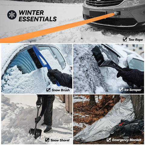 Winter car emergency kit collage with snow brush, ice scraper, snow shovel, and emergency blanket