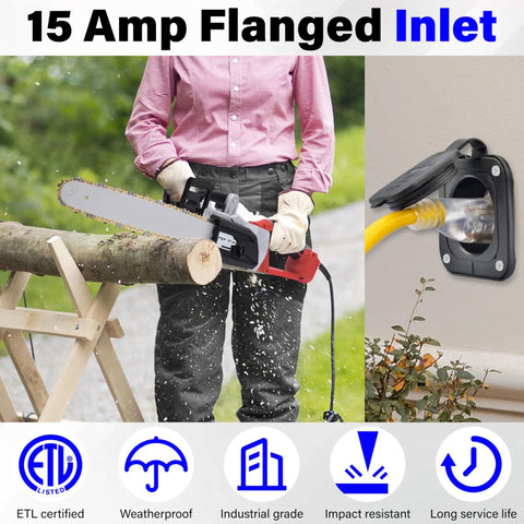 Badass NEMA 15 Amp Flanged RV Shore Power Inlet 5 15 125 Volt 2 Pole 3 Wire Weatherproof AC Receptacle With Clamps Direct Wire Compatible 12 To 18 Awg For Campers And Trailers Fits Like A Glove Rock Solid Build with chainsaw cutting wood.