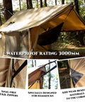 Hammock Ready Hot Tent With Stove Jack And Double Sided Mesh Windows For All Season Camping And Backpacking And Hiking, Waterproof And Windproof Wall Tent With Snow Skirt And No Poles setup with hammock in forest.