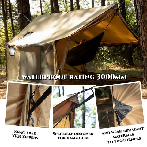 Hammock Ready Hot Tent With Stove Jack And Double Sided Mesh Windows For All Season Camping And Backpacking And Hiking, Waterproof And Windproof Wall Tent With Snow Skirt And No Poles setup with hammock in forest.