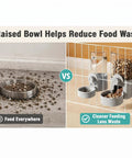 Comparison of messy food bowl on the left and Automatic Gravity Food Feeder And Water Dispenser Combo Featuring 40 Oz Grain Bin And 17 Oz Leakproof Sipper Bottle For Rabbits Guinea Pigs Chinchillas Ferrets Cage Mount Feeding Station Grey No Sweat Pet Nosh on the right.