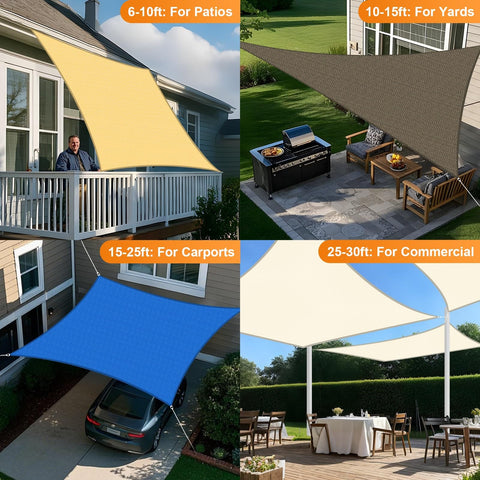 Collage of beige sun shade sail 12x16 foot rectangle covering various outdoor areas including patio and carport.