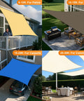 Beige Triangle Shade Sail 8x8x8 Feet Permeable Outdoor Sun Shade Cloth Made From HDPE With Reinforced Stitching And Stainless D Rings 95% UV Block Perfect For Deck Backyard Or Patio Custom Sizes Available installed in various settings