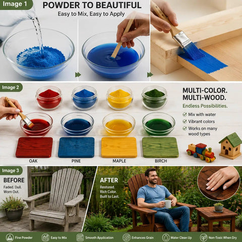 Mixing Hella Vivid 9 Color Wood Dye Powder Bundle Super Fast Dry Pigment for Furniture Flip in blue and red bowls.