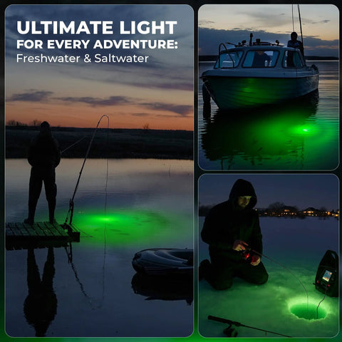 Green Underwater Fishing Light For Night Angling, Submersible IP68 LED Glow 3900 Lumens, 12V 30W on water with cable