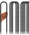 8-pack of 12 Inches Trampoline Wind Stakes Heavy Duty U Stakes For Ground 8 Pack Trampoline Tie Down Anchor Kit For Swing Set And Soccer Goal Galvanized Steel Anchors Black shown with hand for scale