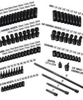 Three Eighths Inch Drive Impact Socket Set, 87 Piece Deep And Standard SAE And Metric, CRMO Steel, various sockets shown