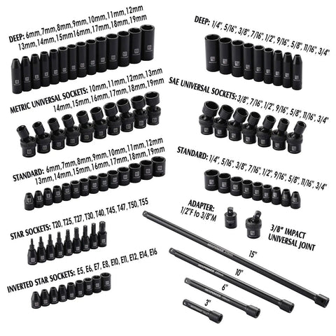 Three Eighths Inch Drive Impact Socket Set, 87 Piece Deep And Standard SAE And Metric, CRMO Steel, various sockets shown