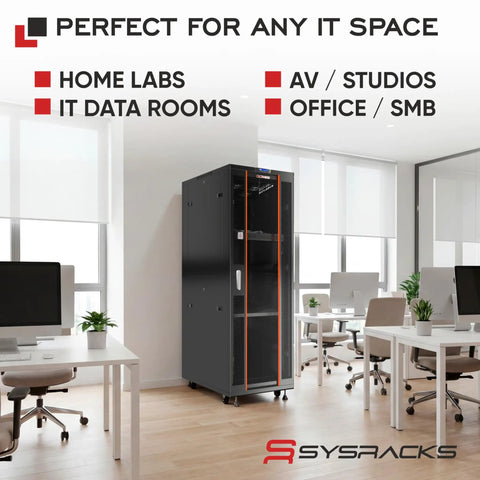 42U Server Rack Cabinet On Wheels With Glass Door 32 Inch Deep Network Enclosure for office IT setup