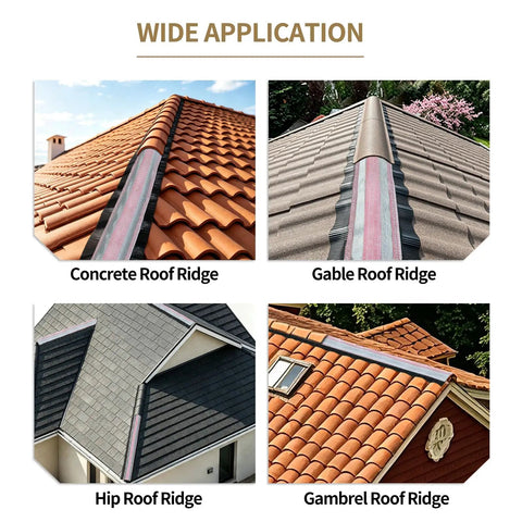 Heavy Duty Self Adhesive Ridge Vent Mesh Roll 12 X 98.4 Inches installed on various roof types for weatherproof ventilation.