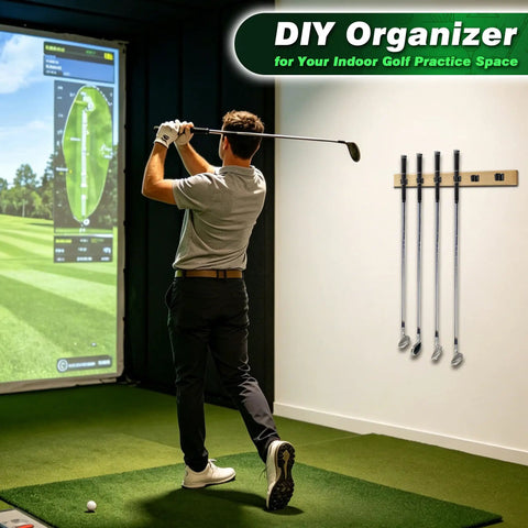 Golfer practicing in simulator room with Go To Golf Club Wall Mount Kit 28 Pack DIY Storage Rack Organizer ABS Hangers on wall.