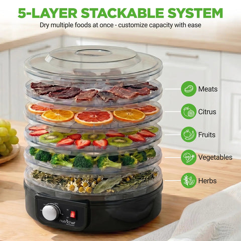 Nutrichef Electric Countertop Food Dehydrator With Professional Multi-Tier Food Preserver featuring 5 stackable trays with various foods.