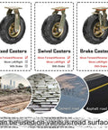 Heavy Duty Pneumatic Rubber Swivel Casters Built Tough Workhorse Grade Industrial Wheels Set Of Four with fixed, swivel, brake options on various surfaces.