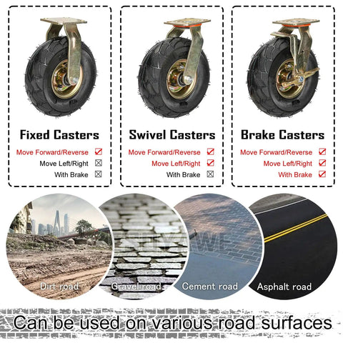 Heavy Duty Pneumatic Rubber Swivel Casters Built Tough Workhorse Grade Industrial Wheels Set Of Four with fixed, swivel, brake options on various surfaces.