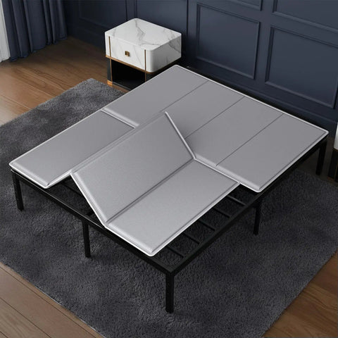 Heavy Duty Bunkie Board Queen Size 60 X 80 Inches Anti Slip Sturdy Wood Platform Mattress Foundation placed on a metal frame.